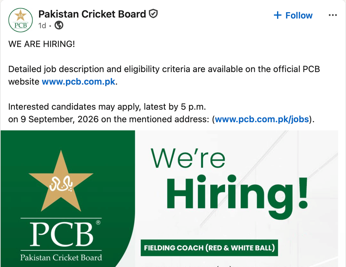 A screenshot of PCB post on LinkedIn | Photo: @pakistancricketboard | LinkedIn 